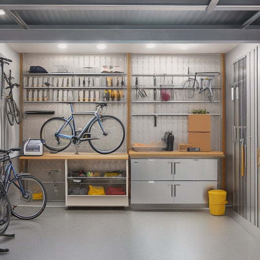 A well-organized garage with sleek, silver cabinets, pegboard walls, and a slatwall with hanging bikes, tools, and bins, illuminated by bright LED lighting and a large, sliding glass door.