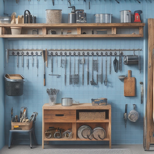 A clutter-free garage with a pegboard backdrop, featuring a mix of metal and wooden tool holders, a drill bit organizer, and a labeled bucket storage system, all in a clean and modern aesthetic.