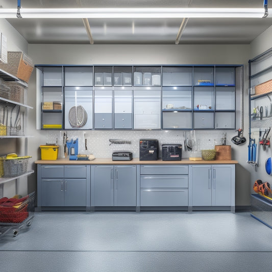 A well-lit, clutter-free garage with sleek silver cabinets, labeled bins, and a pegboard displaying neatly hung tools, surrounded by a polished concrete floor and a few strategically placed sports equipment.