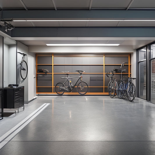A sleek, modern garage with gleaming epoxy floors, illuminated by soft overhead lighting, featuring a wall of floor-to-ceiling storage units, slatwall panels, and a suspended bike rack.