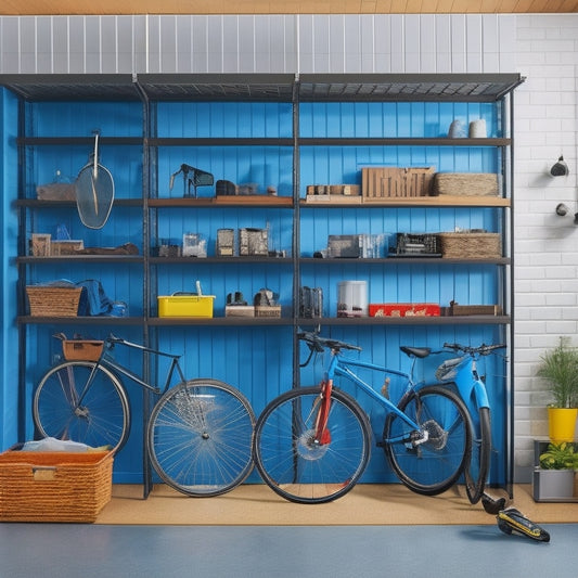 A well-organized garage with a slatted wall system, bins, and baskets, featuring a pegboard with hanging bikes, tools, and accessories, and a sleek, silver modular shelving unit with labeled compartments.
