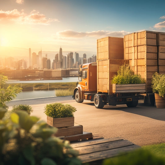 A serene, sun-drenched landscape with a renovated, eco-friendly moving truck at its center, surrounded by repurposed, rustic wooden crates, vibrant green plants, and a subtle cityscape in the background.