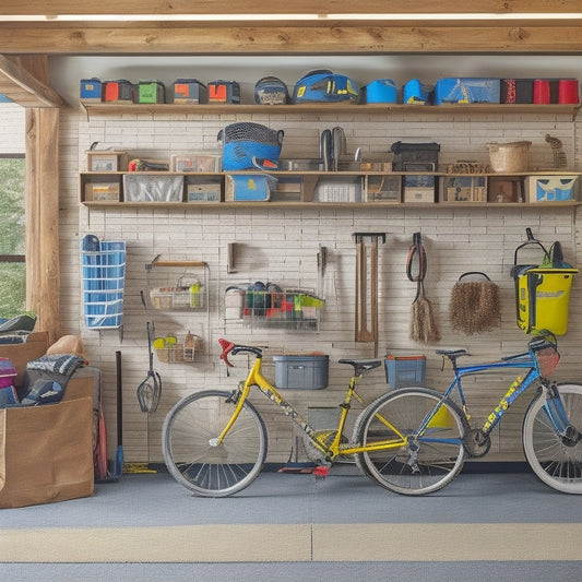 A cluttered garage transformed into an organized space with DIY shelves made from reclaimed wood, hanging bike racks, and labeled storage bins on a pegboard, with a few tools and sports equipment visible.