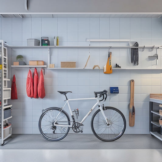 A clutter-free garage with a light-gray epoxy floor, sleek white cabinets, and a pegboard with organized tools, surrounded by a minimalist bike storage system and a compact workbench with a built-in vise.