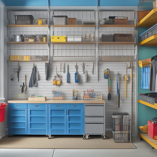 A well-organized garage with a slatwall featuring hooks, bins, and a foldable workbench, accompanied by a pegboard with hanging tools, and a floor-to-ceiling shelving unit with labeled storage containers.