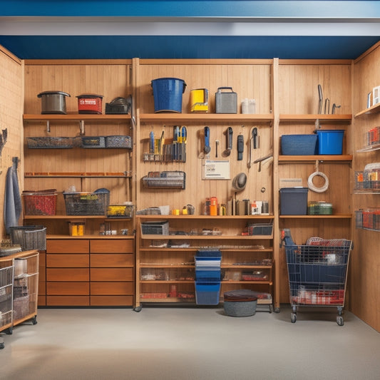 A well-organized garage interior with three walls of shelving units in different styles: slatwall with hooks, adjustable metal shelving, and wooden cabinets with baskets, surrounded by various tools and storage bins.