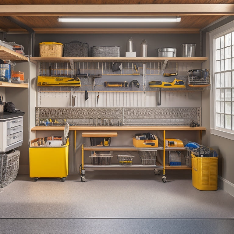 A serene, well-organized garage with a warm, golden light, featuring a few, carefully selected tools and storage bins on a pegboard, alongside a tidy workbench and a sleek, silver golf cart.