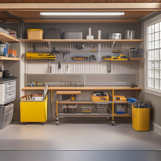 A serene, well-organized garage with a warm, golden light, featuring a few, carefully selected tools and storage bins on a pegboard, alongside a tidy workbench and a sleek, silver golf cart.