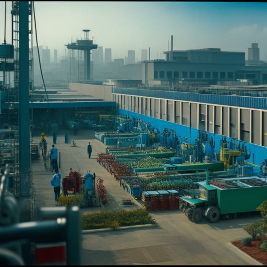 A sprawling, modern factory complex in Asia with sleek, silver machinery and rows of busy, diverse workers in HP uniforms, surrounded by vibrant greenery and a bright blue sky.