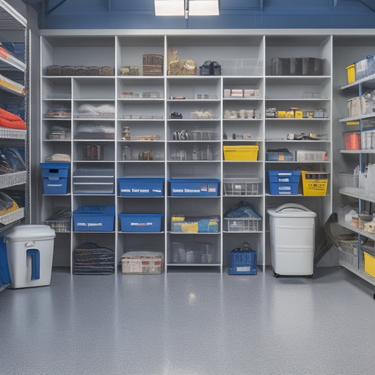 A well-organized garage with a slatwall featuring mounted bins, hooks, and baskets, surrounded by a sleek epoxy-coated floor, and a few strategically placed shelving units with labeled containers.