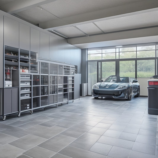A well-organized garage with a sleek, gray epoxy-coated floor, surrounded by custom, floor-to-ceiling cabinetry with sliding drawers, and a hydraulic lift for a sports car.