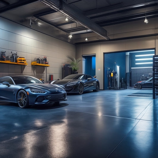 A well-lit, modern garage with a sleek, glossy epoxy-coated floor in a dark gray color, surrounded by organized tools and a few high-performance cars, with a subtle reflection on the floor.