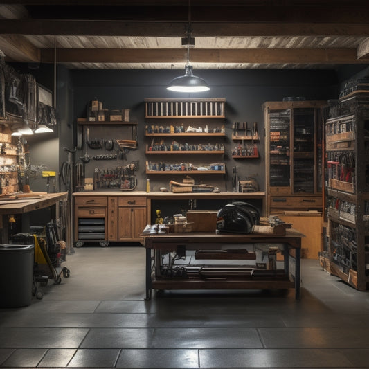 A well-lit, clutter-free garage with a sleek black sports car parked in the center, surrounded by neatly organized toolboxes, bins, and a wooden workbench with a few scattered tools.