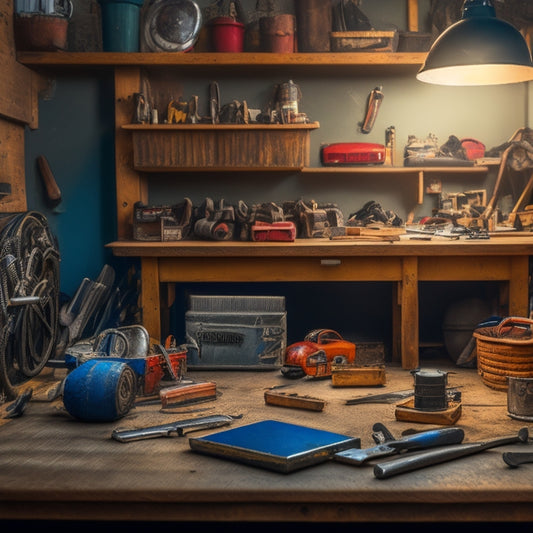 A cluttered garage with scattered tools and a workbench in the background, with a clean and organized iPhone on a small desk in the foreground, surrounded by a few neatly arranged wrenches and a miniature toolbox.