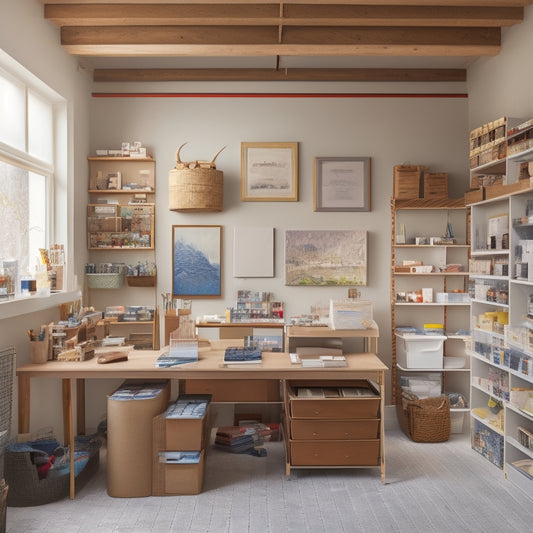 A clutter-free art studio with a large, wooden worktable at its center, surrounded by labeled storage bins, a pegboard with organized art supplies, and a floor-to-ceiling shelf filled with neatly stacked canvases.