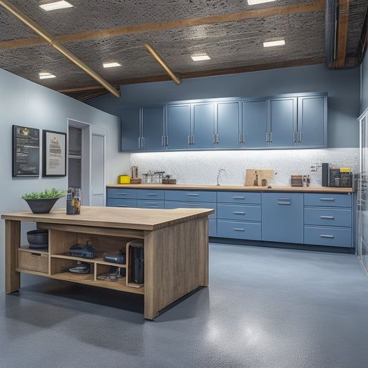 A modern garage interior with polished concrete floors, sleek metal cabinets, and a bold color scheme, featuring a DIY workstation with a wooden countertop and pendant lighting.