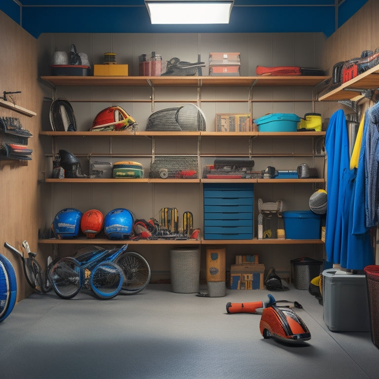 A cluttered garage with piles of tools, sports equipment, and storage bins overflowing onto the floor, contrasted with a calm, organized corner featuring a sleek shelving unit and labels.
