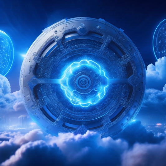 A futuristic, high-tech illustration featuring a stylized cloud with glowing blue circuits and wires, surrounded by orbiting gears and cogs, with a subtle Oracle logo in the background.