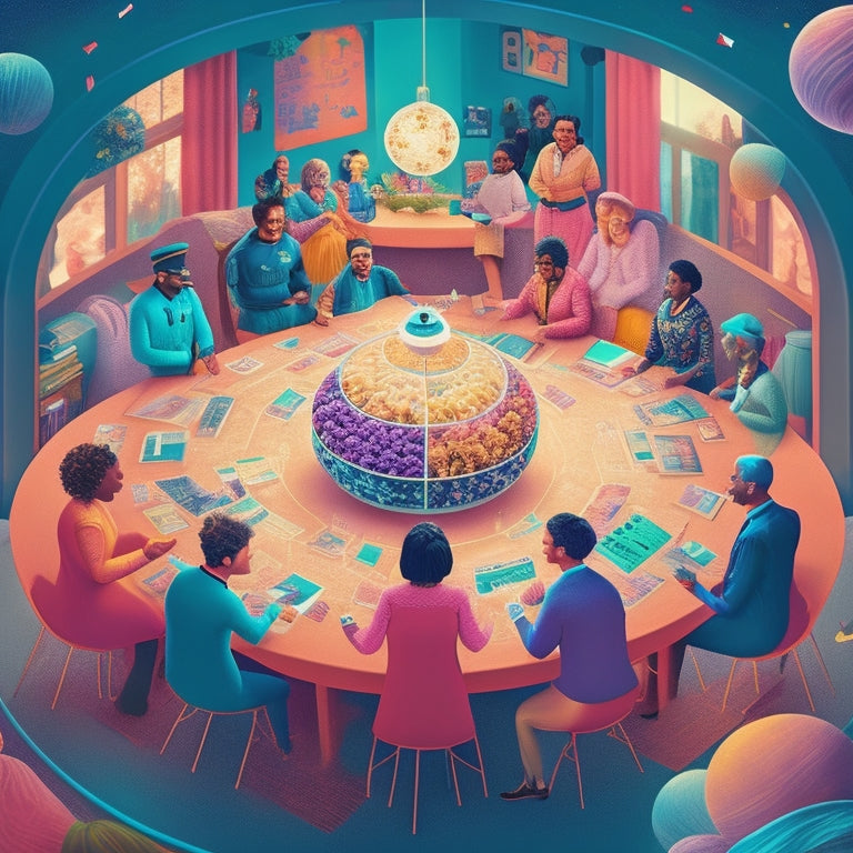 A colorful, whimsical illustration of a bustling online community, featuring diverse teachers and educators from around the world, gathered around a giant, glowing forum table.