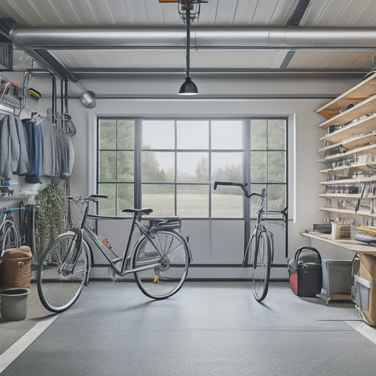 A clutter-free garage with a sleek, silver bicycle suspended from the ceiling by sturdy hooks, surrounded by neatly organized toolboxes and a few scattered bike accessories.