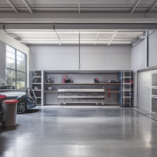 A well-lit, modern garage with polished concrete floors, featuring three sleek shelving units with chrome accents, holding various tools, storage bins, and accessories, amidst a backdrop of gleaming sports cars.