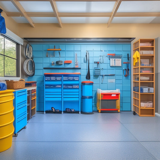 A well-organized garage with a sleek, epoxy-coated floor, featuring a custom slatwall with hooks, baskets, and bins, surrounded by a pegboard with tools, and a modern, silver garage door with windows.