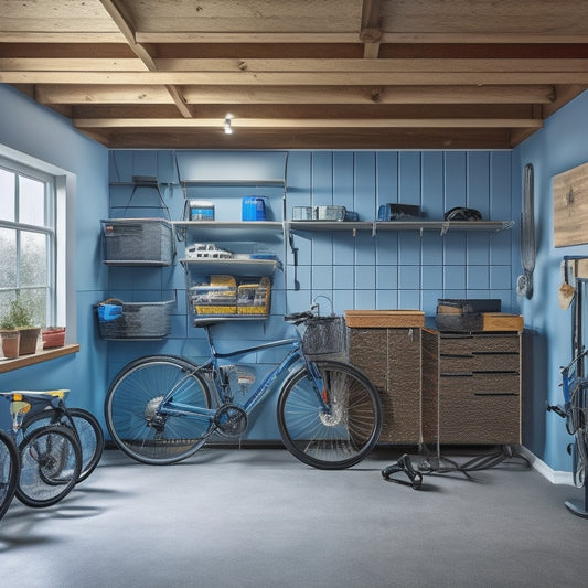 A well-organized small garage with a slatwall featuring hooks, bins, and baskets, a compact workbench, and a ceiling-mounted bike rack, all surrounded by a clean and polished concrete floor.
