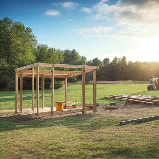 A partially built DIY shed frame with wooden beams and metal connectors, surrounded by tools and construction materials, set against a blurred green backyard landscape.