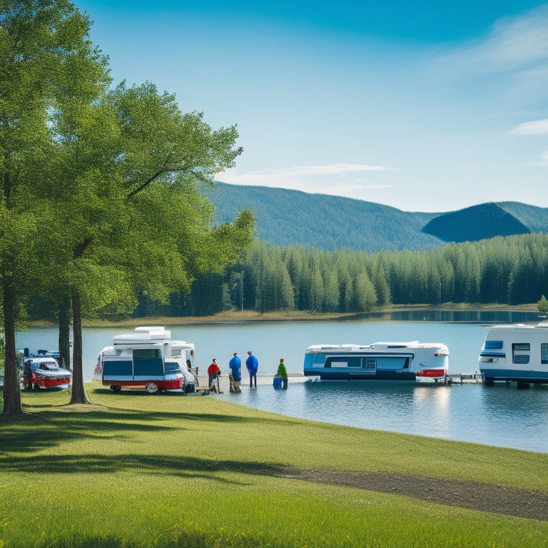 A scenic landscape featuring a convoy of RVs parked beside a serene lake, surrounded by lush green trees, with a few RV owners chatting and laughing in the foreground, under a bright blue sky.