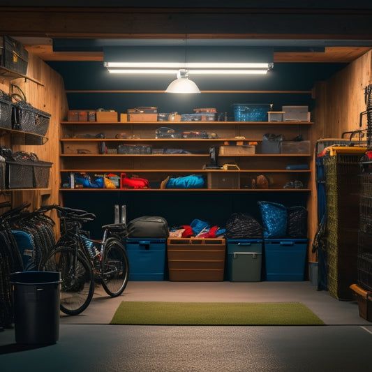 A dimly lit garage with a sleek, black 4x4 vehicle centered, surrounded by rows of organized storage bins, hooks, and shelves stocked with camping gear, bikes, and outdoor equipment.