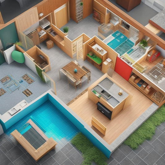A 3D floor plan of a modern home with renovation zones highlighted in bright colors, surrounded by scattered blueprints, pencils, and a hard hat on a wooden workbench.