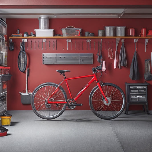 A tidy garage with a slatwall, hooks, and bins, featuring a red tool chest, a organized pegboard, and a few bicycles hung from the ceiling, surrounded by a clean and polished concrete floor.