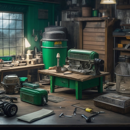 A well-organized workshop with a small engine disassembled on a workbench, surrounded by tools and manuals, with a bright light shining down, and a faint hint of a green lawn in the background.