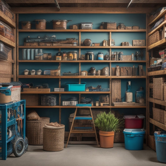 A cluttered garage with tools and storage containers scattered about, transformed into an organized space with labeled bins, a pegboard, and a DIY shelving system made from repurposed pallets.