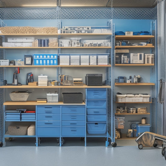 A tidy workshop with a newly organized manual storage system: rows of neatly labeled binders on shelves, a pegboard with hooks holding rolled-up blueprints, and a sleek metal cart with categorized drawers.