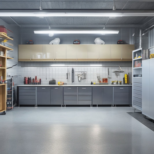 A modern garage interior with sleek, polished concrete floors, high-gloss cabinetry, and a stainless steel workbench, illuminated by pendant lights, surrounded by neatly organized tools and storage bins.