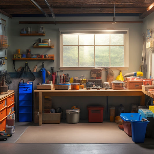 A cluttered garage with scattered tools and storage bins, transformed into an organized space with labeled containers, stacked shelves, and a sleek workbench, lit by natural light pouring through a window.