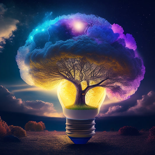 An illuminated lightbulb surrounded by swirling clouds of vibrant colors, with roots of a blooming tree emerging from it, set against a warm, sunny background with subtle, shimmering stars.