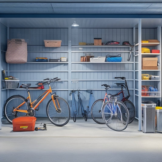 A clutter-free garage with a sleek, silver Proslat Rack installed, holding various storage bins, baskets, and tools, with a few bicycles and a lawn mower neatly arranged underneath.