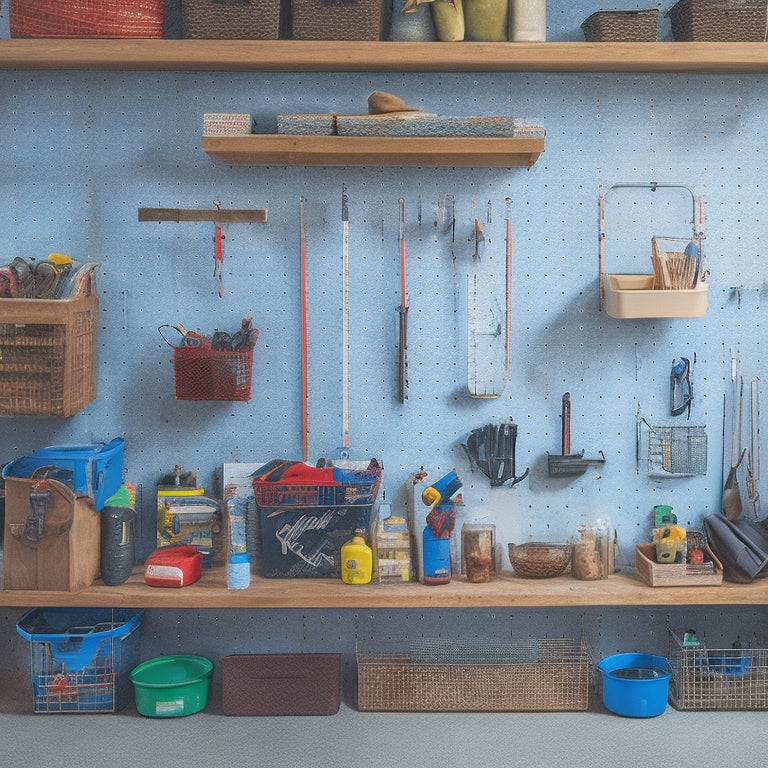 A clutter-free garage with a pegboard on the wall, holding various tools and accessories, and a shelf above it with labeled bins and baskets containing small items like nuts, bolts, and screws.