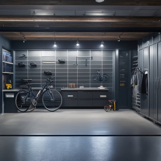A well-lit, modern garage with sleek black cabinets, a slatwall with organized tools, and a epoxy-coated floor, featuring a parked car and a few bicycles hung from the ceiling.