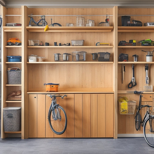 A clutter-free garage with a sleek, silver pegboard adorned with hanging bicycles, tools, and bins, surrounded by a mixture of open and closed cabinets in a light wood tone.