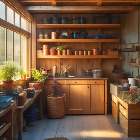 A well-organized shed interior with custom-built wooden shelves, adorned with neatly arranged storage bins, tools, and gardening supplies, illuminated by natural light pouring in through a large window.
