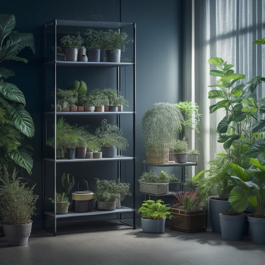 A bright, modern indoor garden with multiple tiered shelving, featuring various seedlings under a mix of LED grow lights, HPS lamps, and natural light, surrounded by lush greenery and subtle misting.