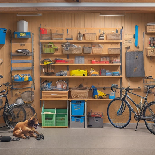 A cluttered garage with bicycles, tools, and storage bins scattered about, transformed into an organized space with pegboards, shelving units, and hanging bins, showcasing maximum storage in a small area.
