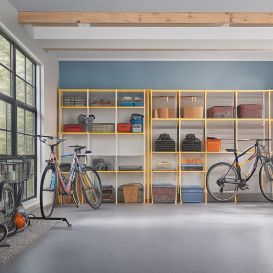 A clutter-free garage with sleek, white cabinets, a slatwall with colorful bins, and a floor-to-ceiling shelving unit storing bicycles, balls, and outdoor gear, illuminated by natural light pouring in through a large window.