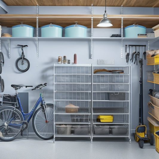 A clutter-free garage with sleek, silver shelving units, labeled bins, and a pegboard with neatly organized tools, surrounded by a small forklift and a few bicycles, with a concrete floor and bright overhead lighting.