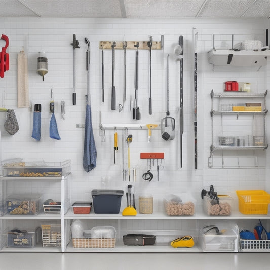 An organized garage with a slatwall featuring various tools and accessories, a row of clear storage bins, and a pegboard with labeled hooks, set against a bright, white background with natural light.