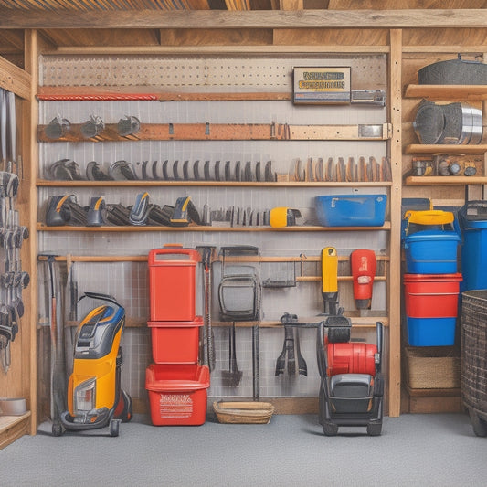 A well-organized garage with a pegboard on the wall, holding various small engine equipment like trimmers, blowers, and chainsaws, with labeled bins and baskets on nearby shelves.