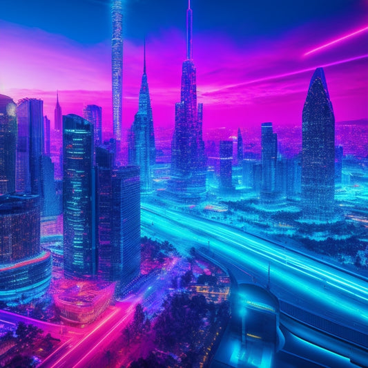 A vibrant, futuristic cityscape with sleek skyscrapers, neon lights, and holographic screens displaying websites with bold typography and colorful graphics, surrounded by creative tools and gears.